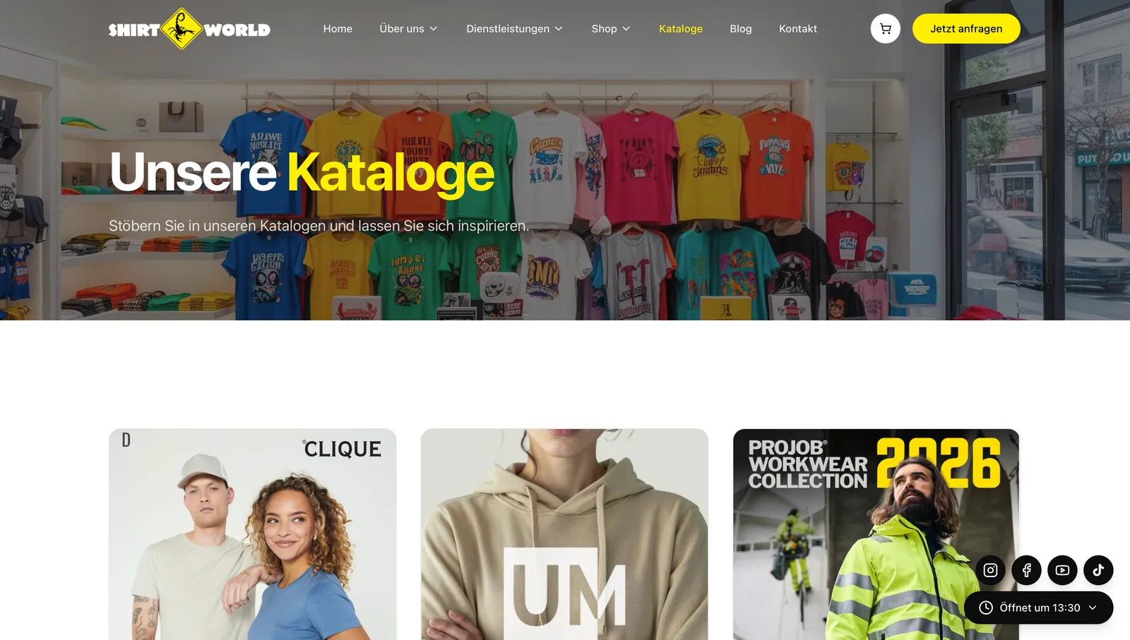 Shirtworld: Seite «Unsere Kataloge» mit den Katalogen von Clique, UM und Projob