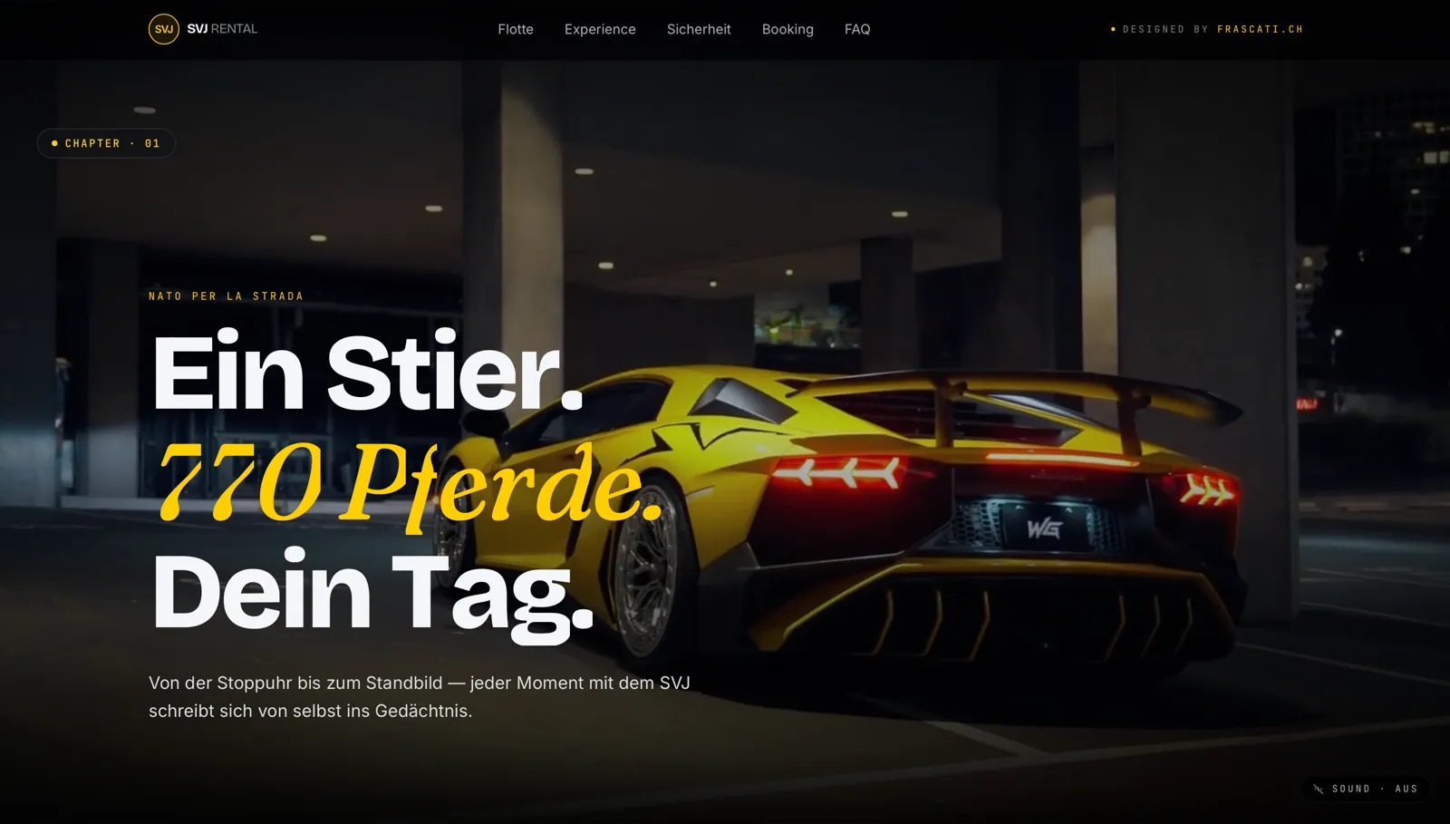 SVJ Rental: Kapitel «Ein Stier. 770 Pferde. Dein Tag.» mit dem gelben Aventador SVJ von hinten in einer nächtlichen Tiefgarage
