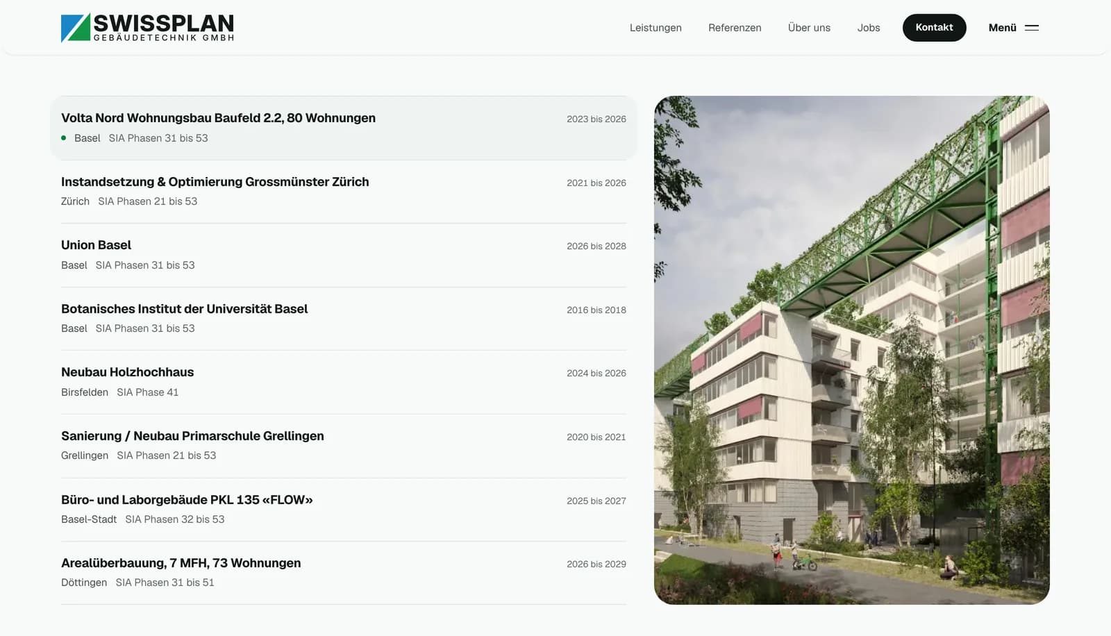 SwissPlan Gebäudetechnik: Register der Referenzen von Volta Nord bis zur Arealüberbauung in Döttingen, je mit Ort, SIA-Phasen und Zeitraum, rechts das Vorschaubild
