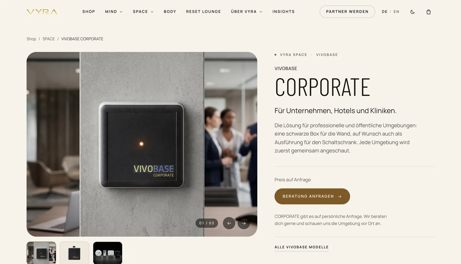 VYRA: Produktseite VIVOBASE CORPORATE, die schwarze Wandbox für Unternehmen, Hotels und Kliniken, Preis auf Anfrage
