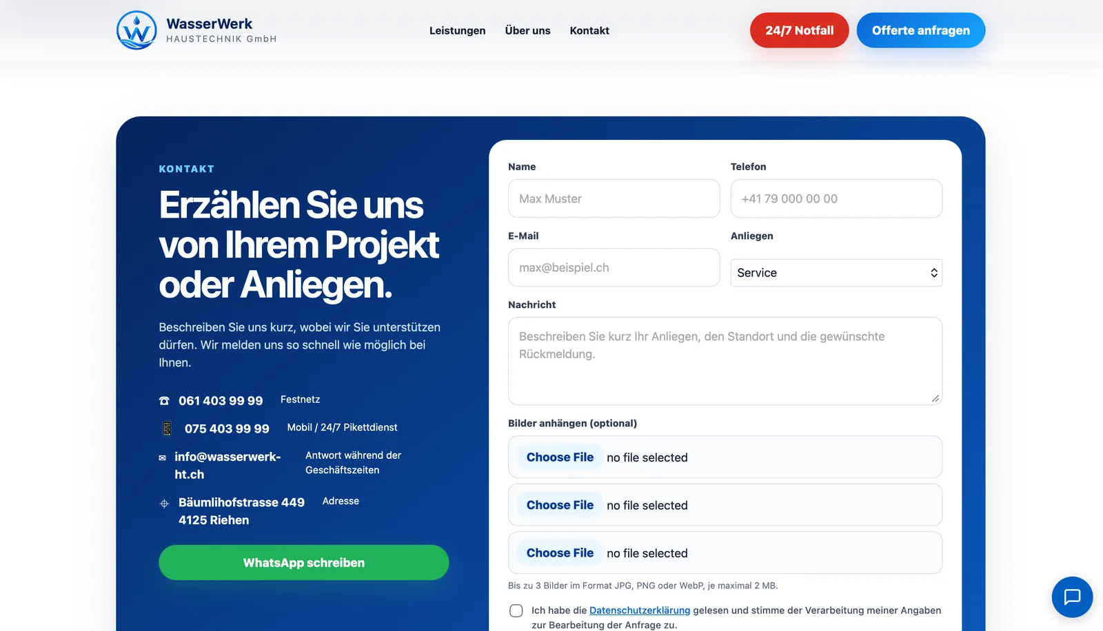 WasserWerk Haustechnik: Kontakt mit Telefon für den Pikettdienst, Formular mit drei Feldern für Bilder und dem Knopf «WhatsApp schreiben»