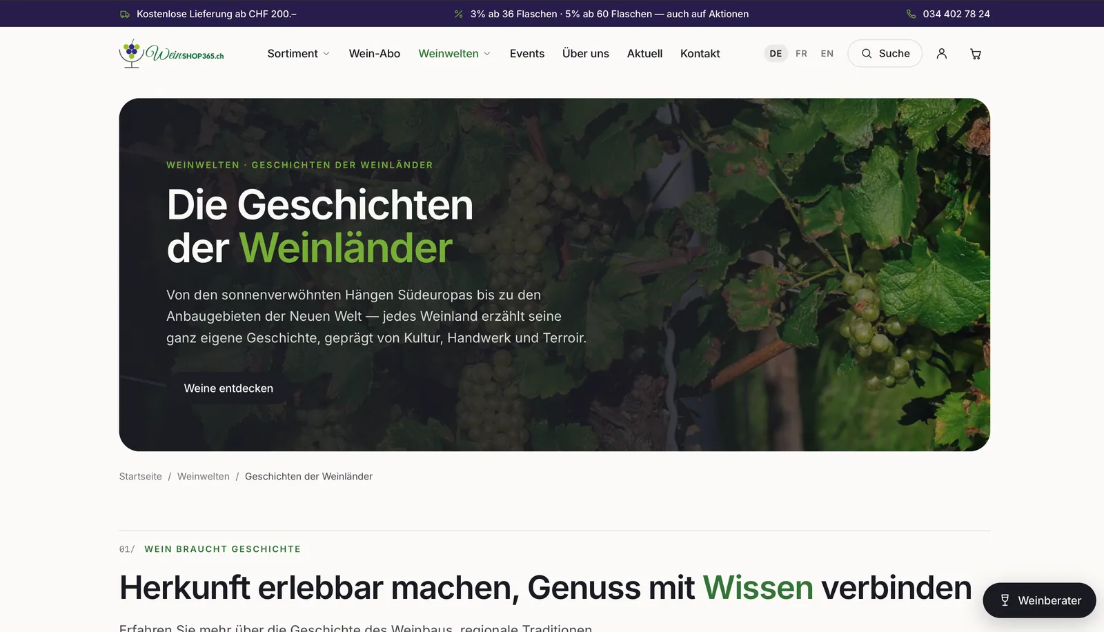 Weinshop365: Weinwelten mit dem Kopf «Die Geschichten der Weinländer» über Reben mit Trauben