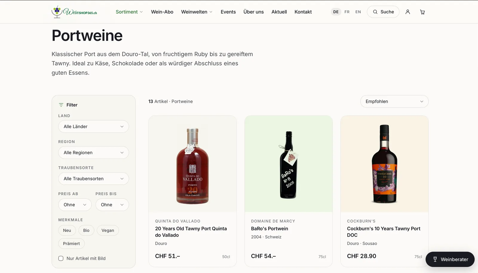 Weinshop365: Kategorie Portweine mit Filtern nach Land, Region, Traubensorte, Preis und Merkmalen