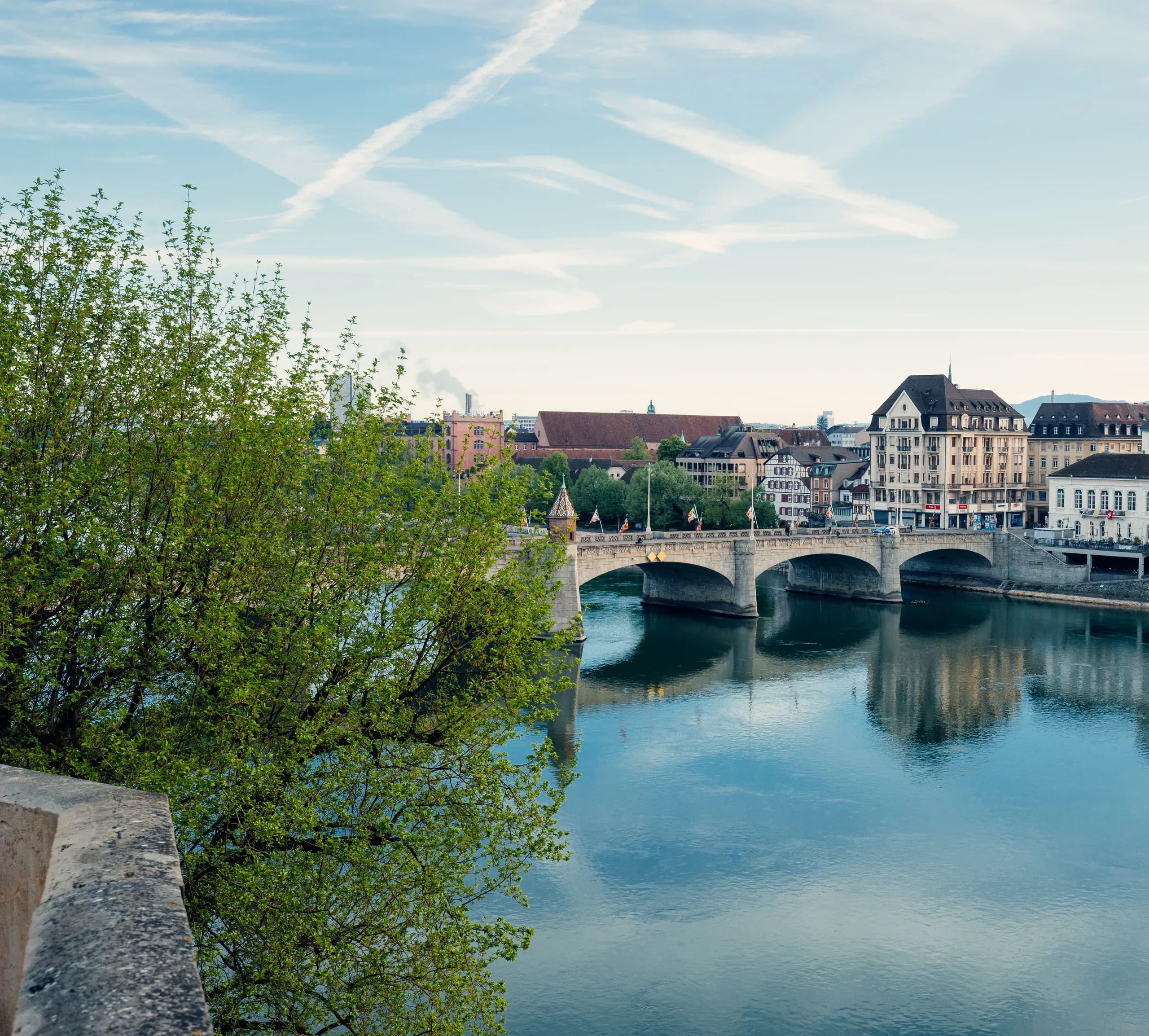 Mittlere Brücke and Basel's old town reflected in the Rhine