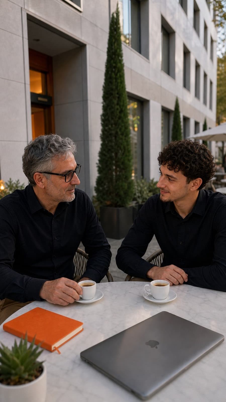 Francesco und Nevio Frascati im Gespräch bei einem Kaffee