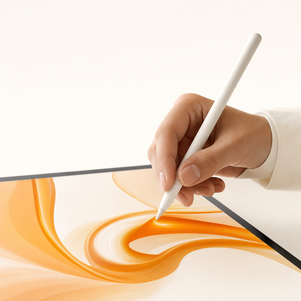 Eine Hand zeichnet mit dem Apple Pencil fliessende Linien — Frascati gestaltet jede Website von Hand
